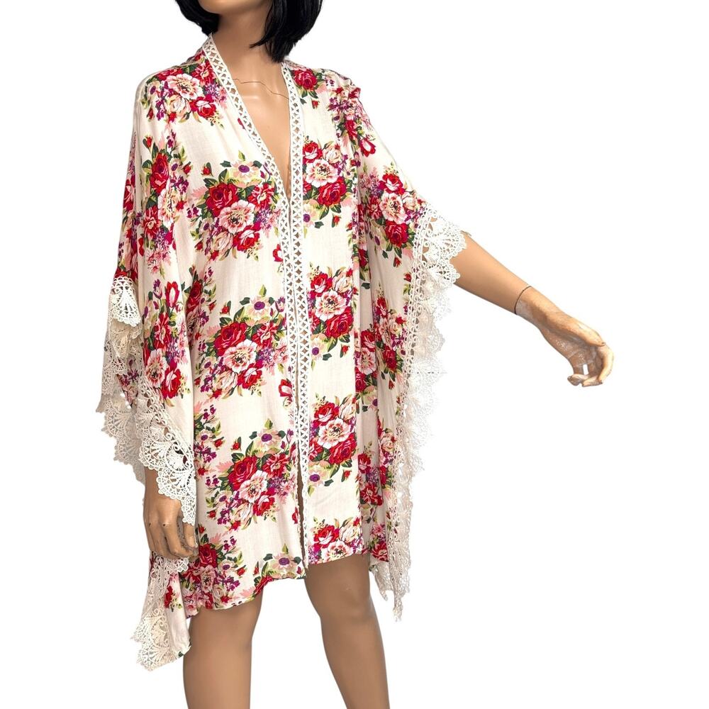Umgee Floral Open Front Kimono Cardigan S/M Lace Trim Cottagecore Boho